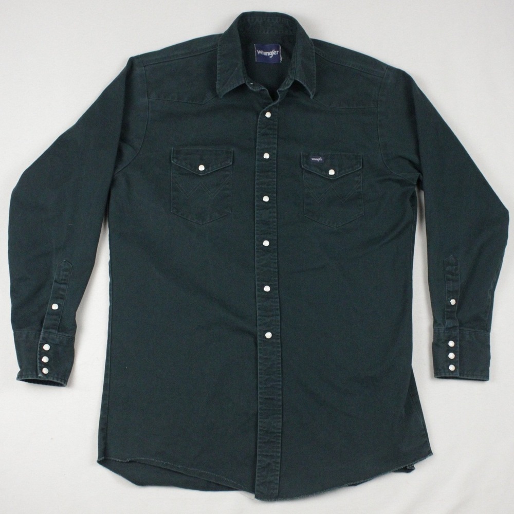 Vintage Wrangler Western Shirt Mens L Green Pearl Snap Cowboy USA Rodeo